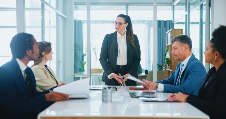 Investor, documents or businesswoman in presentation for teamwork, collaboration or investment